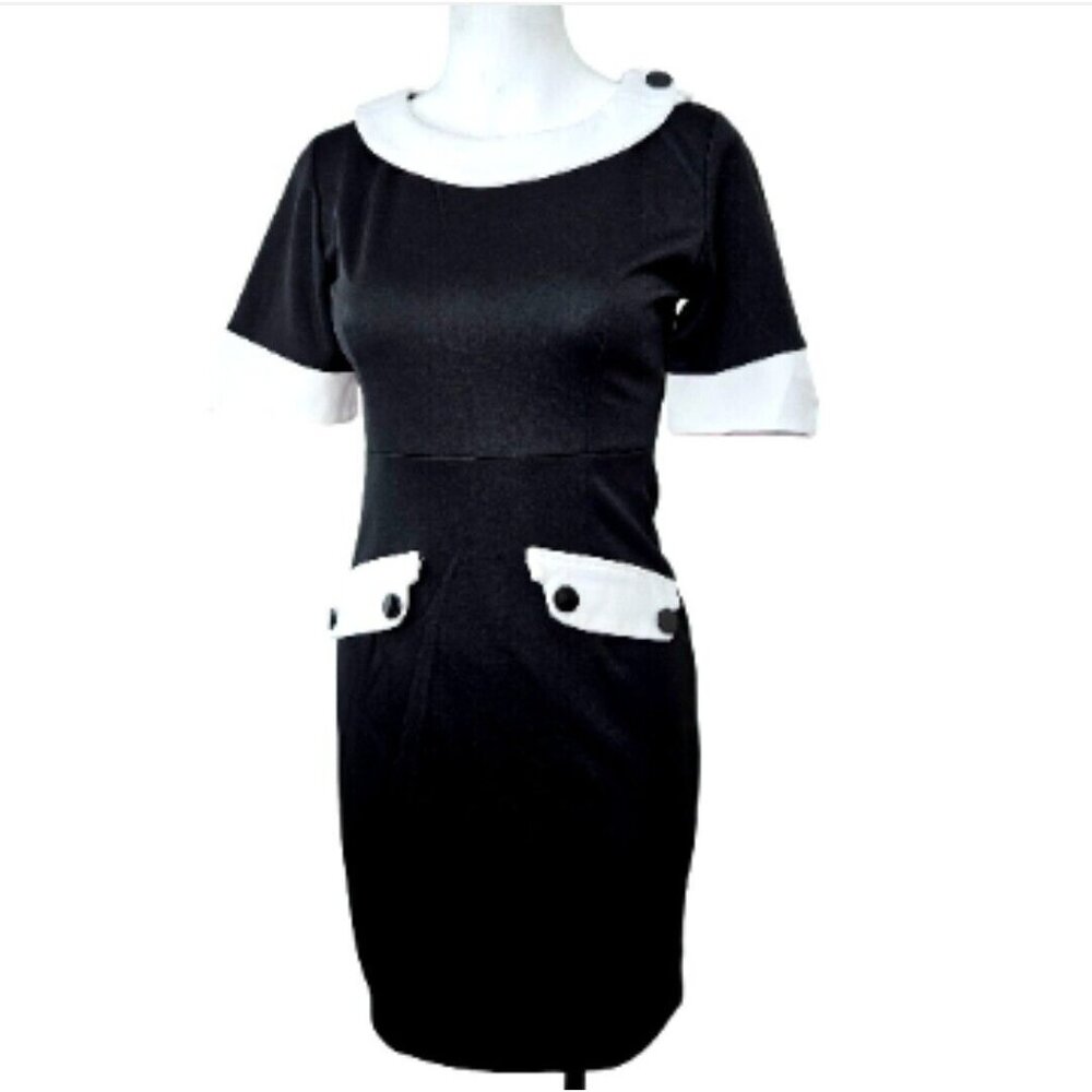 Women Dress Retro Mod M Black Bodycon Short Sleeve Knee-Length Zipper NEW